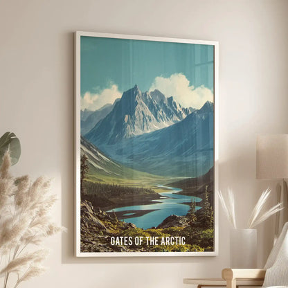 White-framed retro travel wall art of the Brooks Range mountains adds timeless charm to the sitting room beside a bright window chair.