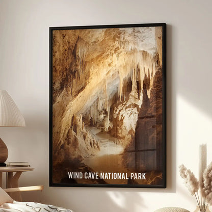 Wind Cave National Park wall art, an individual print in a black frame, sits next to an accent chair to anchor a cozy living room gallery.