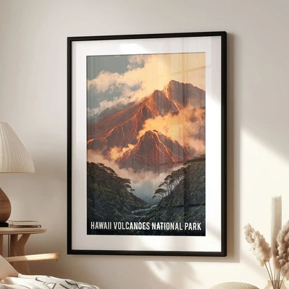 Retro Hawaii travel poster print in a black frame with white mat brings a gallery touch above the armchair, styling the sitting room with vintage flair.