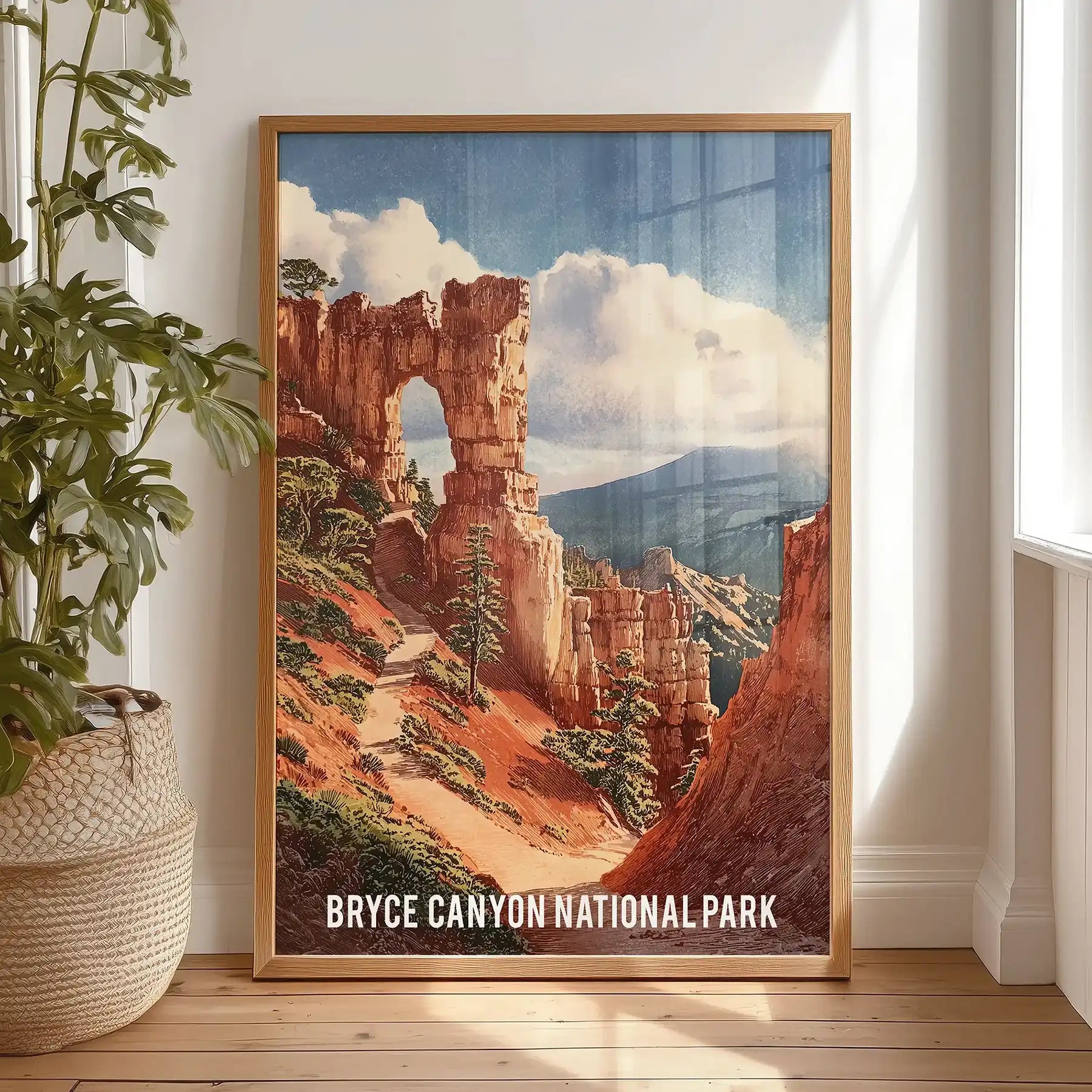 Bryce Canyon hoodoos one-panel art print in a natural oak frame rests on the bedroom floor, leaning casually with warm canyon hues and retro charm. Think sunlit stone against soft linens.