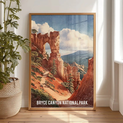 Bryce Canyon hoodoos one-panel art print in a natural oak frame rests on the bedroom floor, leaning casually with warm canyon hues and retro charm. Think sunlit stone against soft linens.