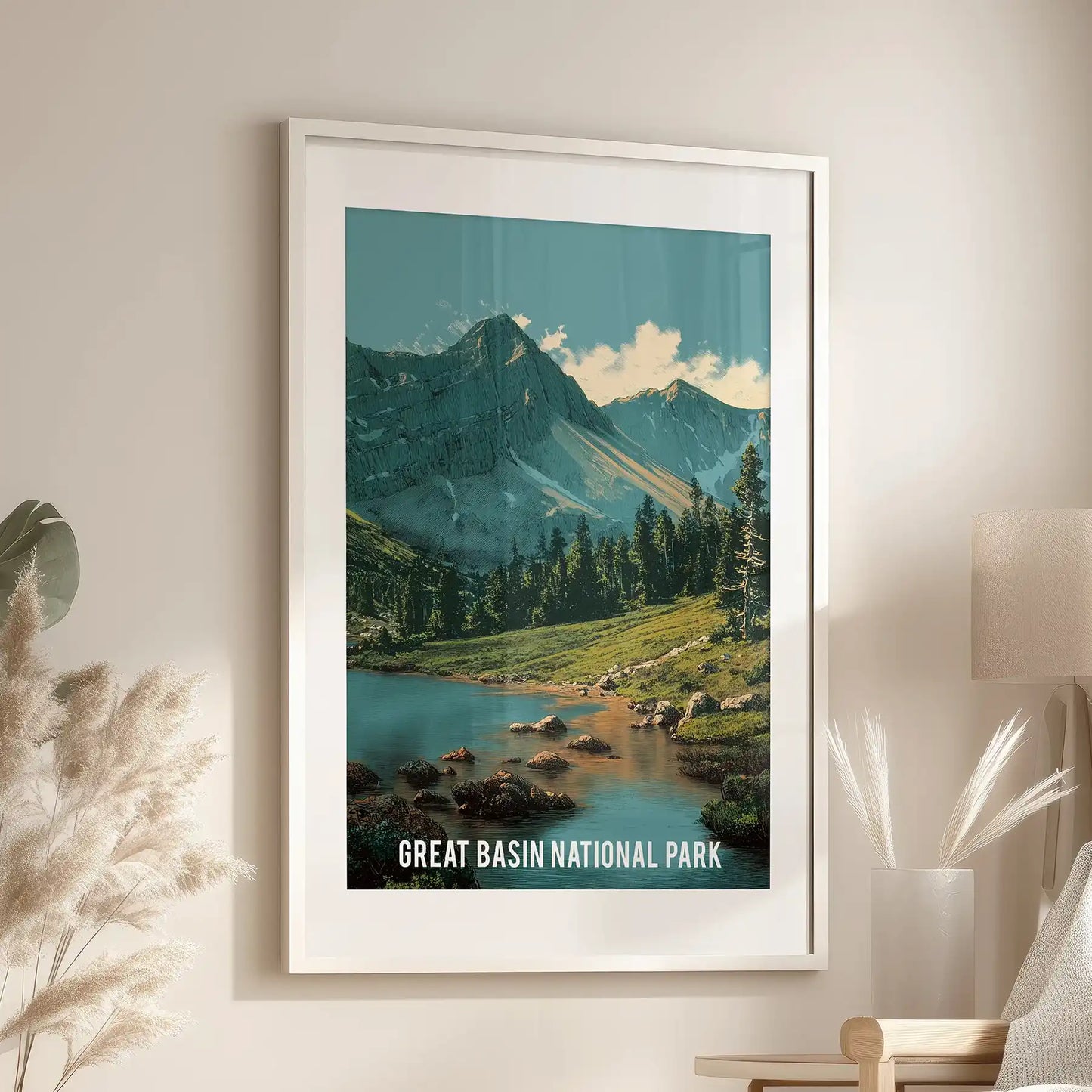 Retro Great Basin travel poster wall print, matted and framed in white above an armchair for a nostalgic, gallery-like feature in the sitting room.