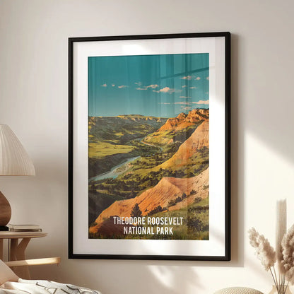 Little Missouri River canyon single travel poster brings a calm focal point to the family sitting area, set above the lounge chair in a black-matted frame.