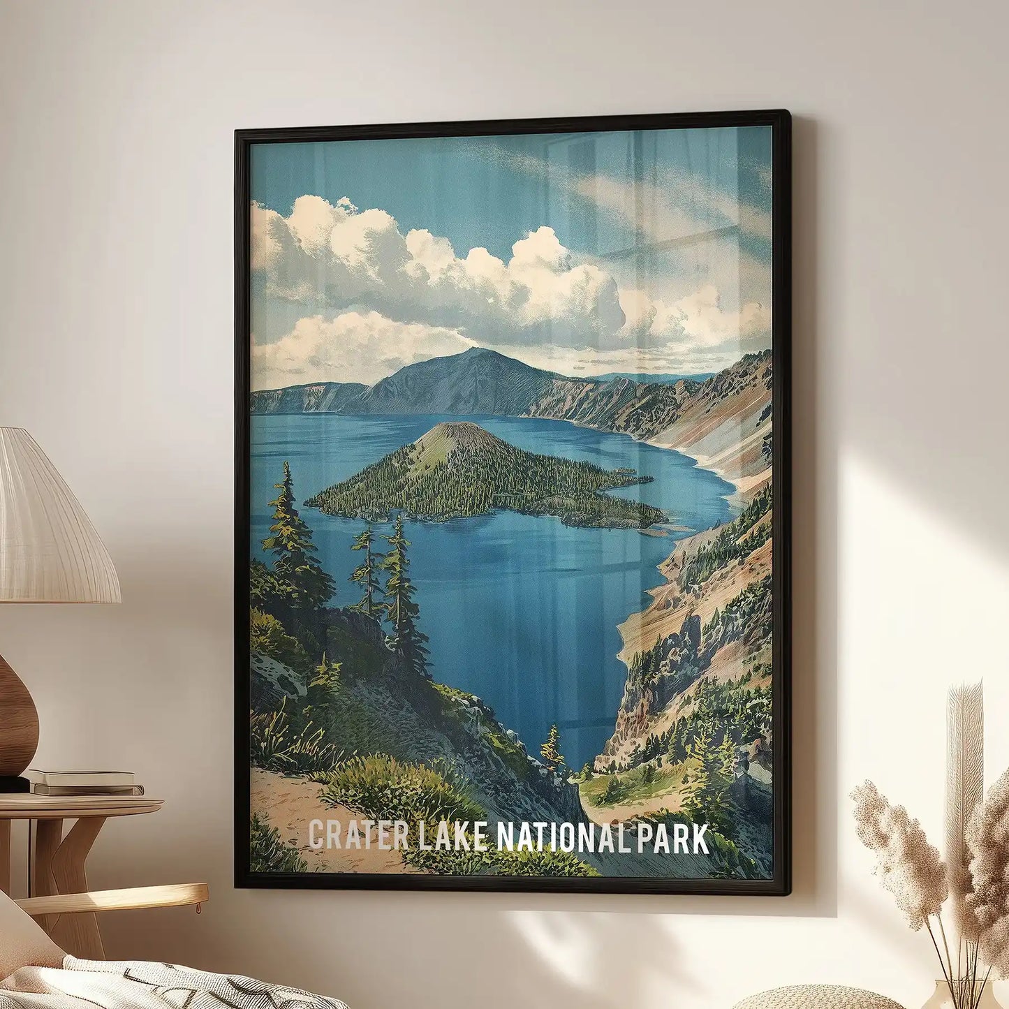 Vintage Crater Lake travel poster, single panel print, hangs above the lounge seat in a slim black frame, its bold retro design spotlighting Oregon’s deep-blue lake.