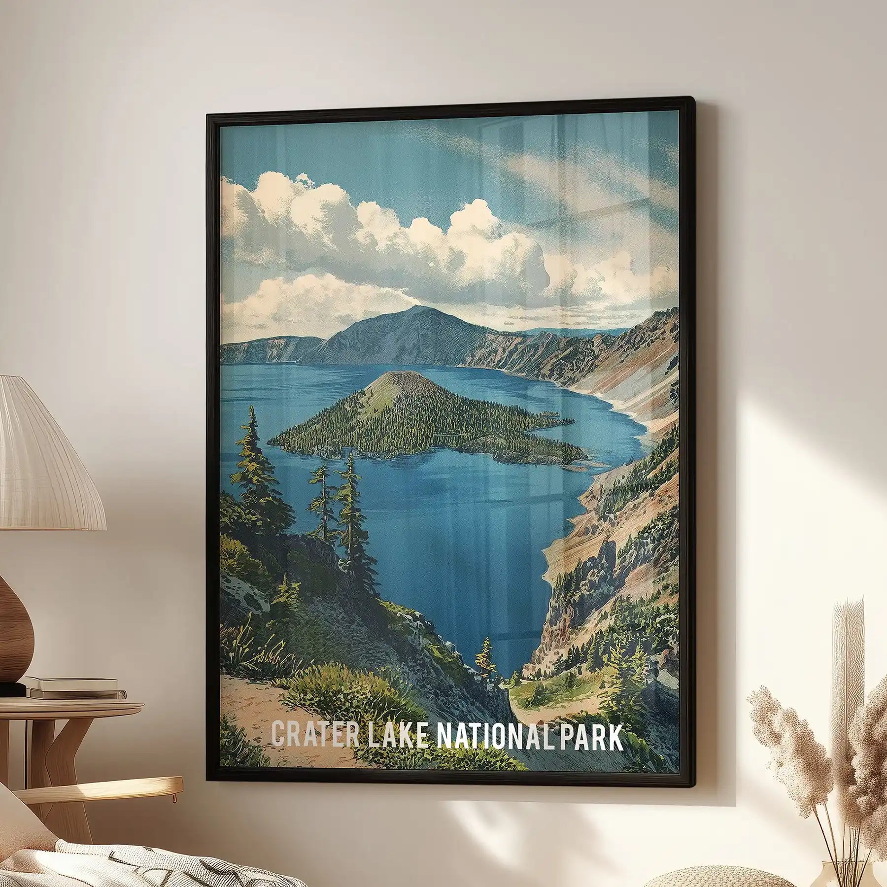 Vintage Crater Lake travel poster, single panel print, hangs above the lounge seat in a slim black frame, its bold retro design spotlighting Oregon’s deep-blue lake.