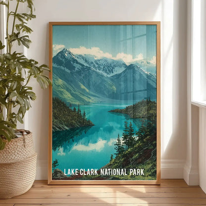 Turquoise alpine lake single wall art print in a light oak frame leans casually in the bedroom, propped against the wall for a warm, natural note.