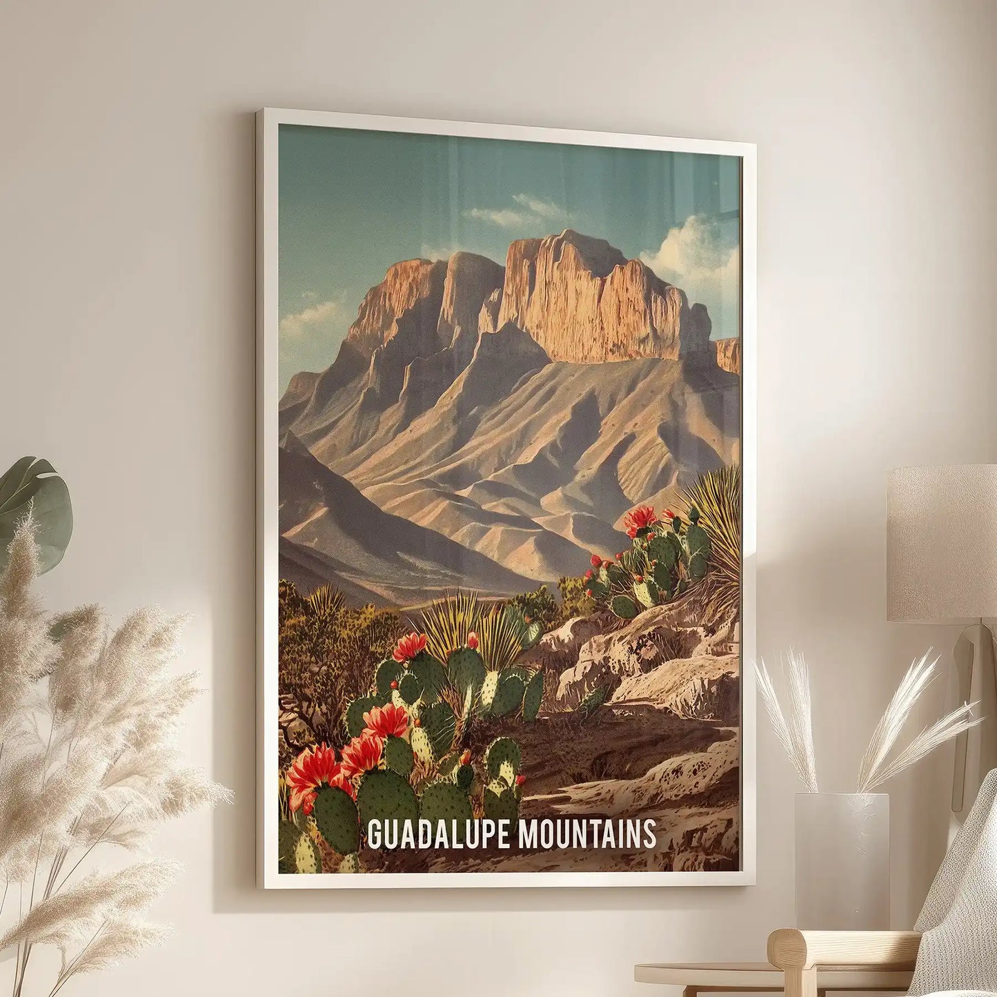 Texas desert mountain panorama white-framed poster, set above an armchair in the family room, anchors the space with a retro travel art vibe.