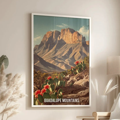 Texas desert mountain panorama white-framed poster, set above an armchair in the family room, anchors the space with a retro travel art vibe.