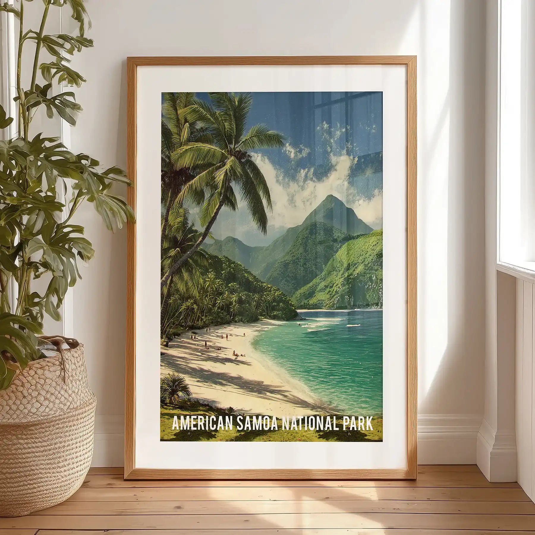 Retro travel poster print, leaning against the bedroom wall in a black matted frame, pairs palm silhouettes with ocean light for a softly nostalgic vibe.