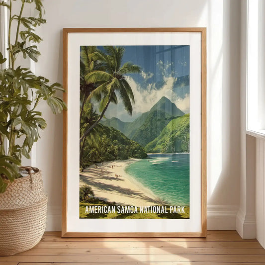 Retro travel poster print, leaning against the bedroom wall in a black matted frame, pairs palm silhouettes with ocean light for a softly nostalgic vibe.