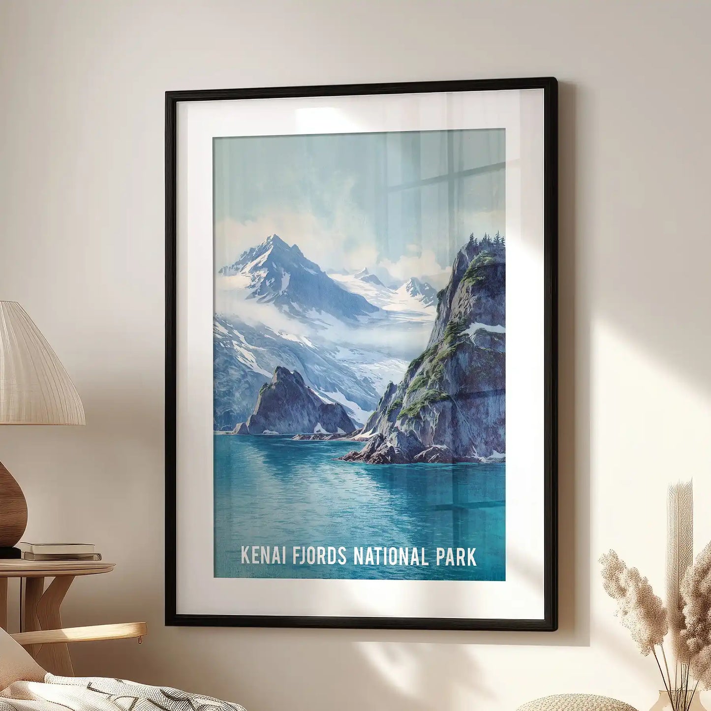Alaska glacier and fjord scene wall picture print arrives in a black mat frame, set above the window near the side chair to lift the lounge with crisp color.