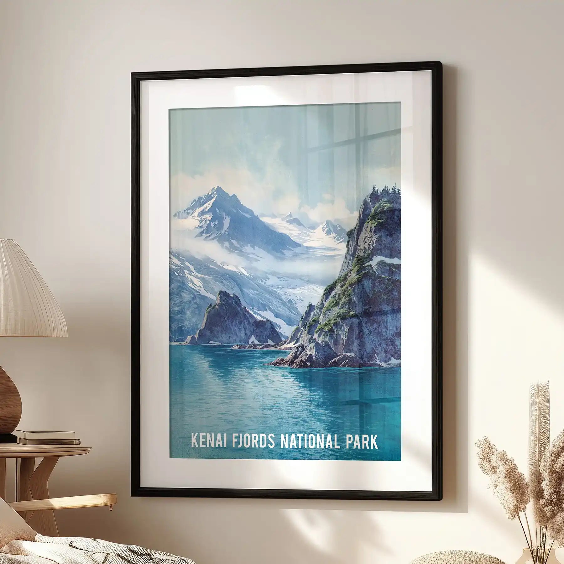 Alaska glacier and fjord scene wall picture print arrives in a black mat frame, set above the window near the side chair to lift the lounge with crisp color.