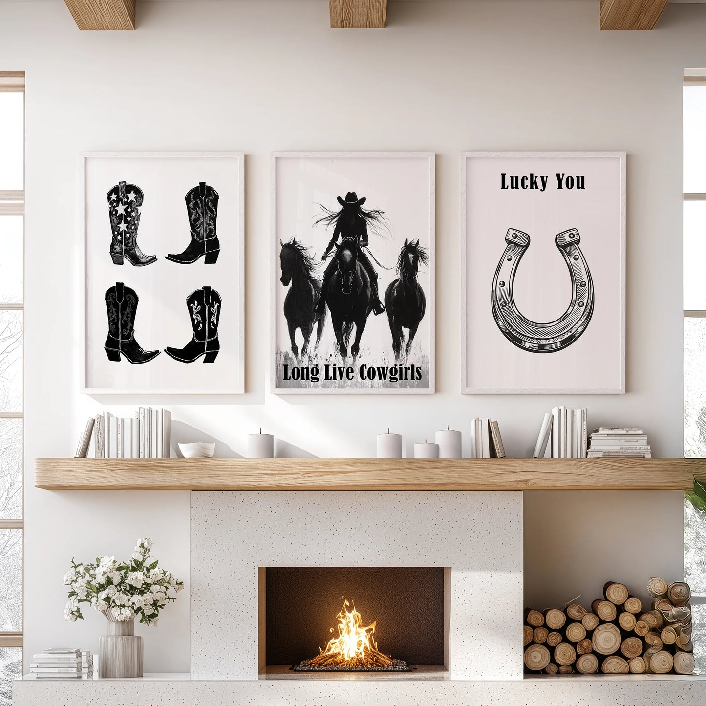 Lucky horseshoe graphics, a wall-hanging set of three prints, crown the family room mantle in white frames, pairing with boot art for an easy retro Western mix.