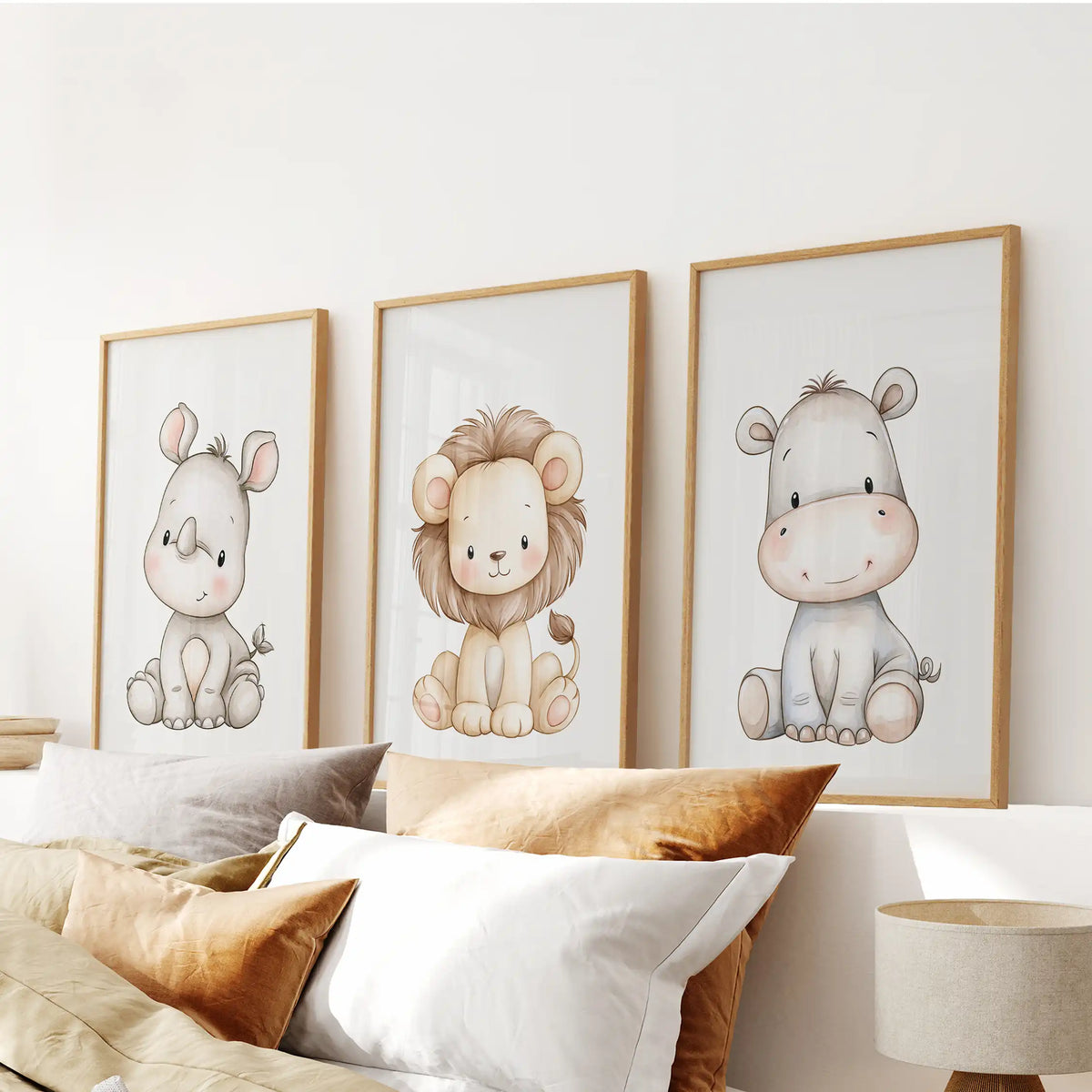 Three rhino, lion and hippo prints in oak frames above a bed.