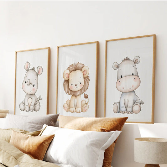 Three rhino, lion and hippo prints in oak frames above a bed.