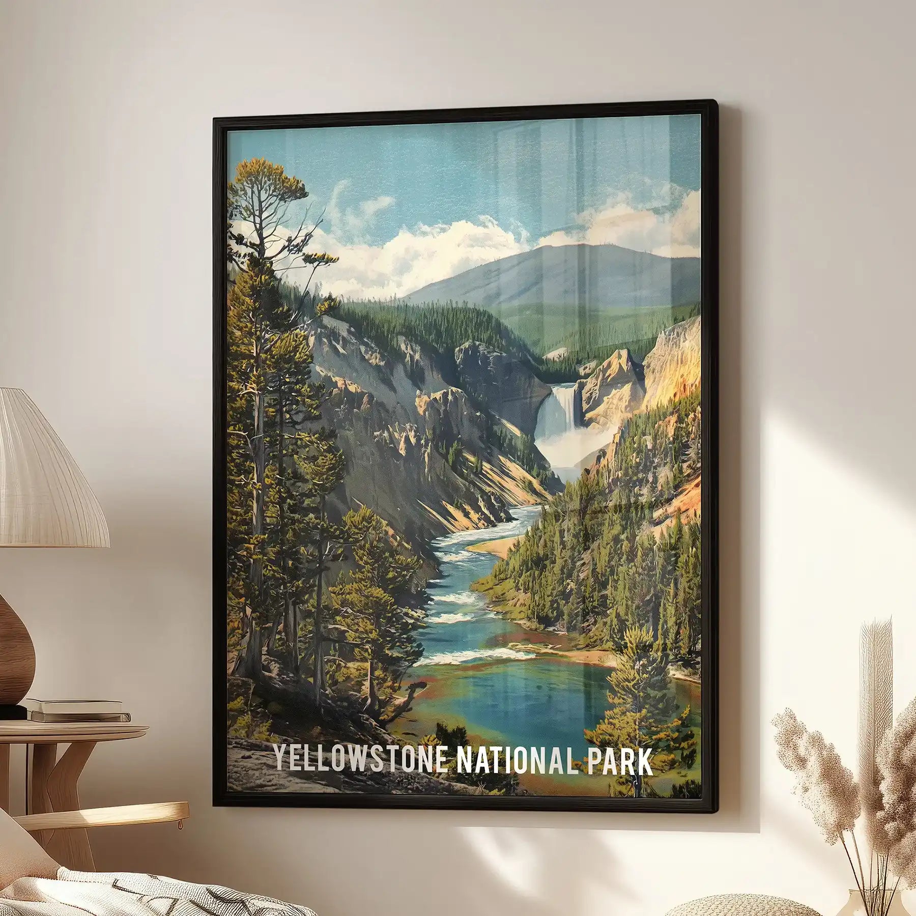A black-framed wall picture of the Yellowstone River adds calm to the sitting room, hanging neatly above the lounge chair.