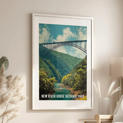 This wall artwork of the New River Gorge scene, framed with a white mat, rests near an accent chair to bring bridge and woodland scenery into the family room.