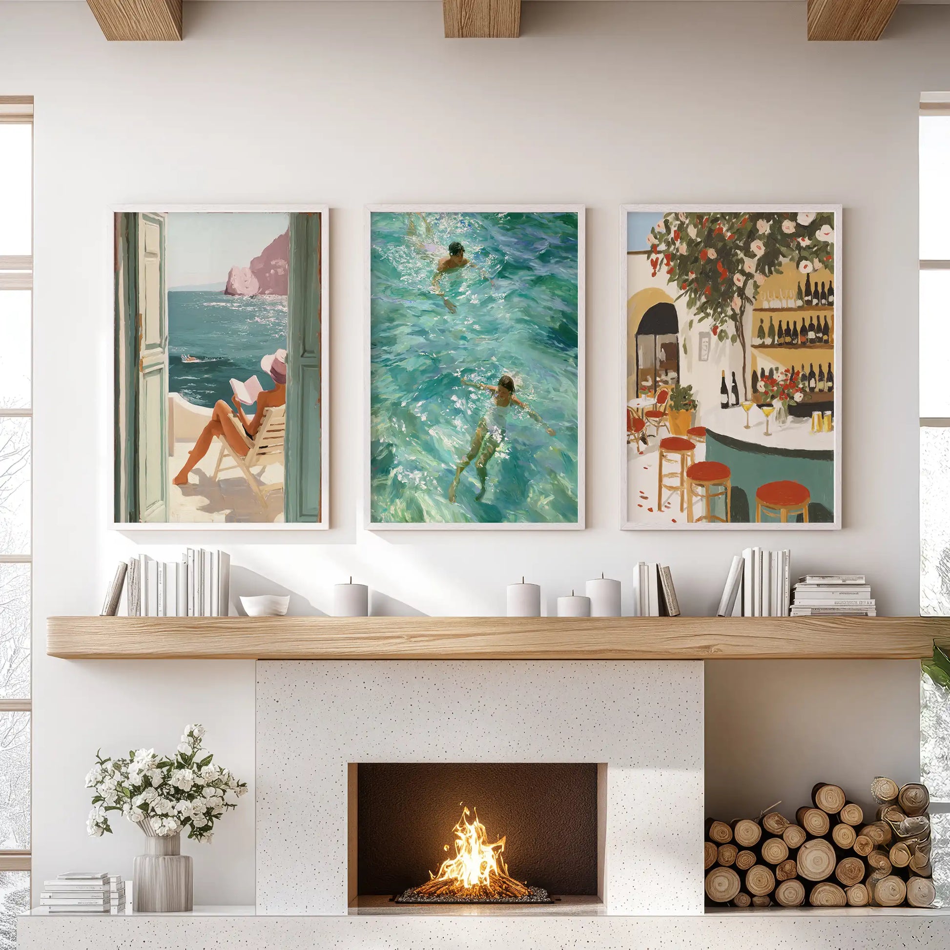 Ocean swimmer prints, a three-print wall art series in crisp white frames, floating over the family-room mantelpiece for a cool coastal note.