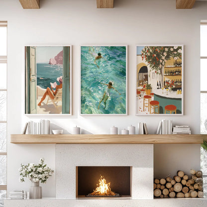 Ocean swimmer prints, a three-print wall art series in crisp white frames, floating over the family-room mantelpiece for a cool coastal note.