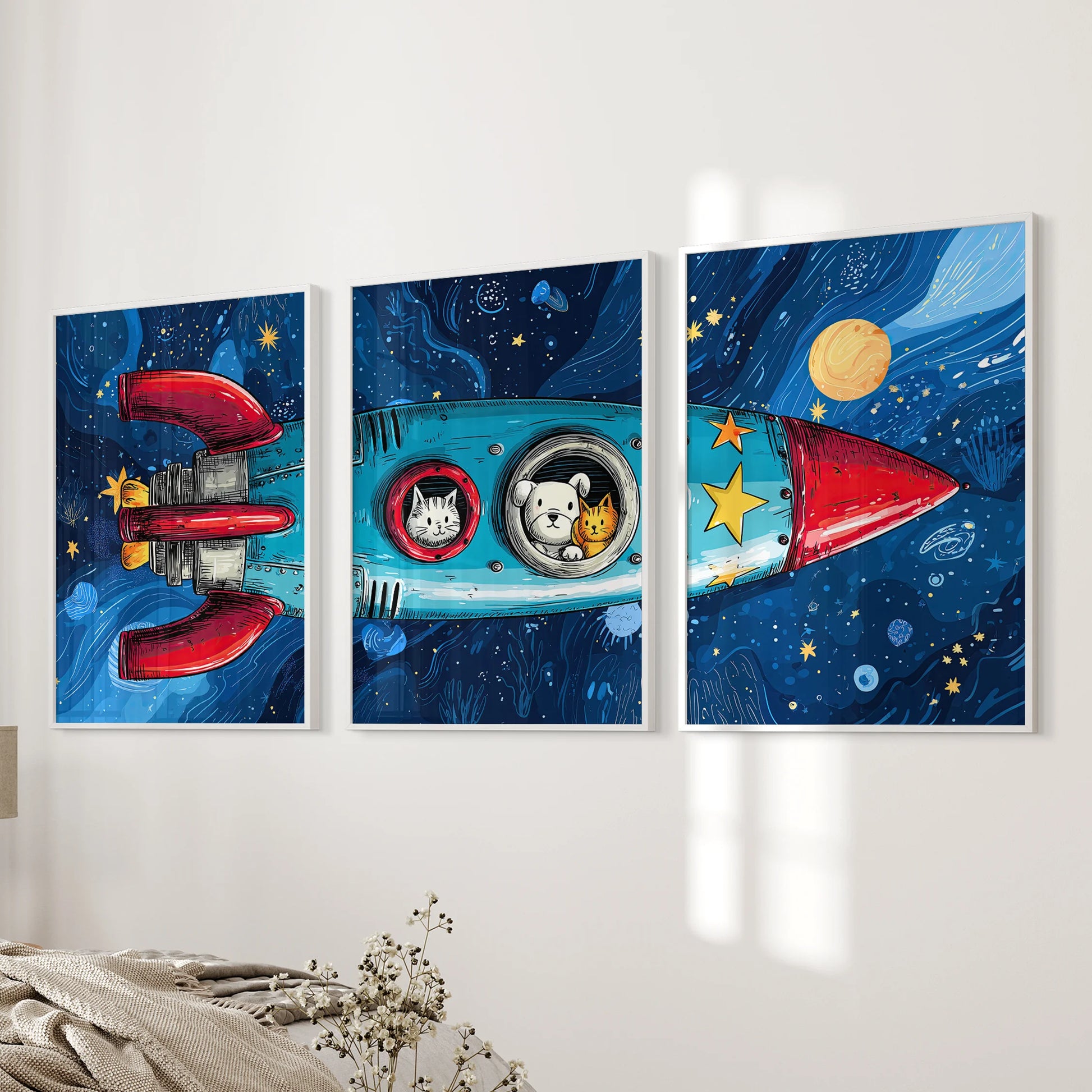 Three outer space scene prints framed in white create a calm focal point on the bedroom wall, lending soft balance and order.