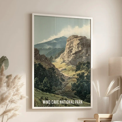 Moody earth-tone wilderness statement poster in a crisp white framed print settles into the lounge, hanging over a cozy chair for a calm, adventurous look.