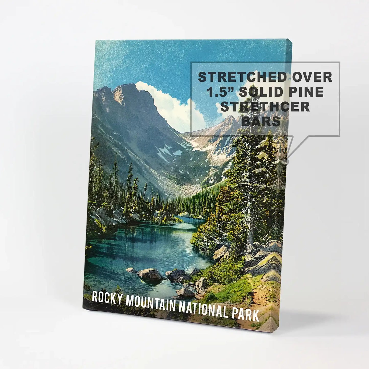 Rocky Mountain National Park landscape large wall art print on wrapped canvas, a bold focal that spans wide walls with sweeping peaks and pines.