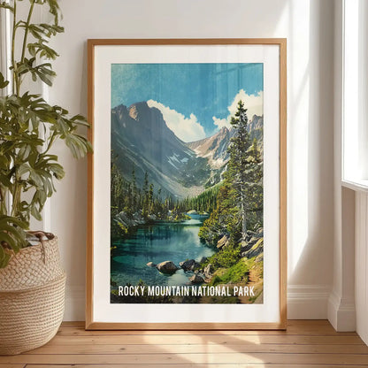 This single travel poster of snow-capped peaks, set in a black-matted frame, leans by the bedroom window for art-studio charm and quiet drama.