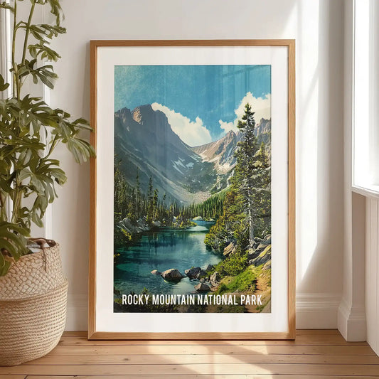 This single travel poster of snow-capped peaks, set in a black-matted frame, leans by the bedroom window for art-studio charm and quiet drama.
