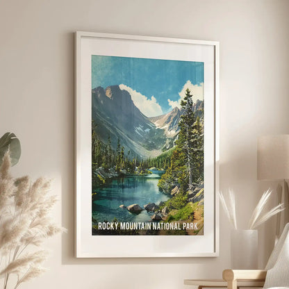 Beside the reading chair, a retro national park travel poster in a white-matted frame lends the lounge an easy sense of wanderlust and history.