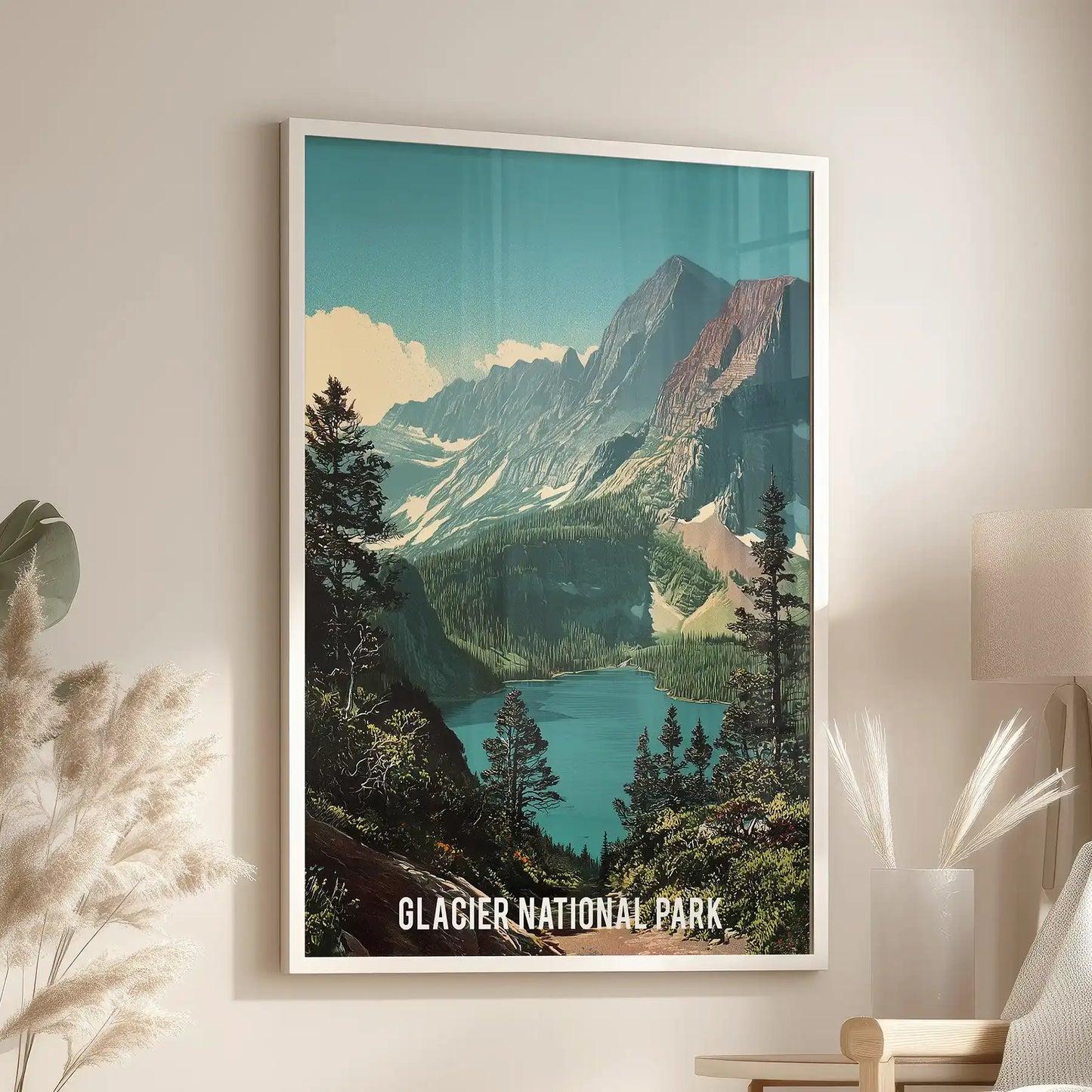 Large Rocky Mountains wall art in a white frame brightens the family room near the reading chair, its mirrored lake giving crisp skywashed light.