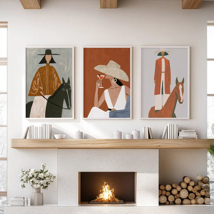 Three framed wall prints of modern ranch lifestyle scenes ground the family room above the mantelpiece with relaxed western character.