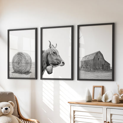 Farmhouse Art Set of 3. Vintage Barn, Cow, Hay Bale Landscape