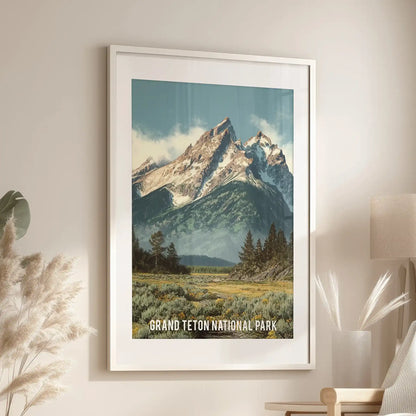 Wyoming national park landscape home wall art, white frame with matting set over a cozy chair in the sitting room, brings trailhead calm and evergreen tones inside.