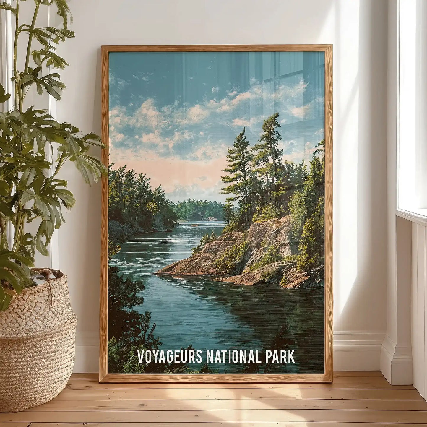 Pine forest and calm lake reflection, wall artwork in a natural wood frame warms a bedroom, leaning against the wall by the window.