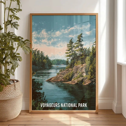 Pine forest and calm lake reflection, wall artwork in a natural wood frame warms a bedroom, leaning against the wall by the window.
