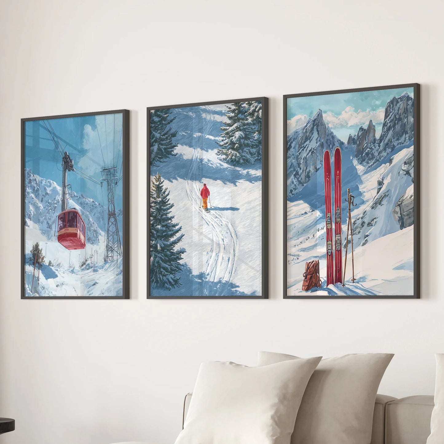 A three-piece black-framed wall art set shows a gondola over alpine slopes, adding soft lodge warmth above the family room couch.
