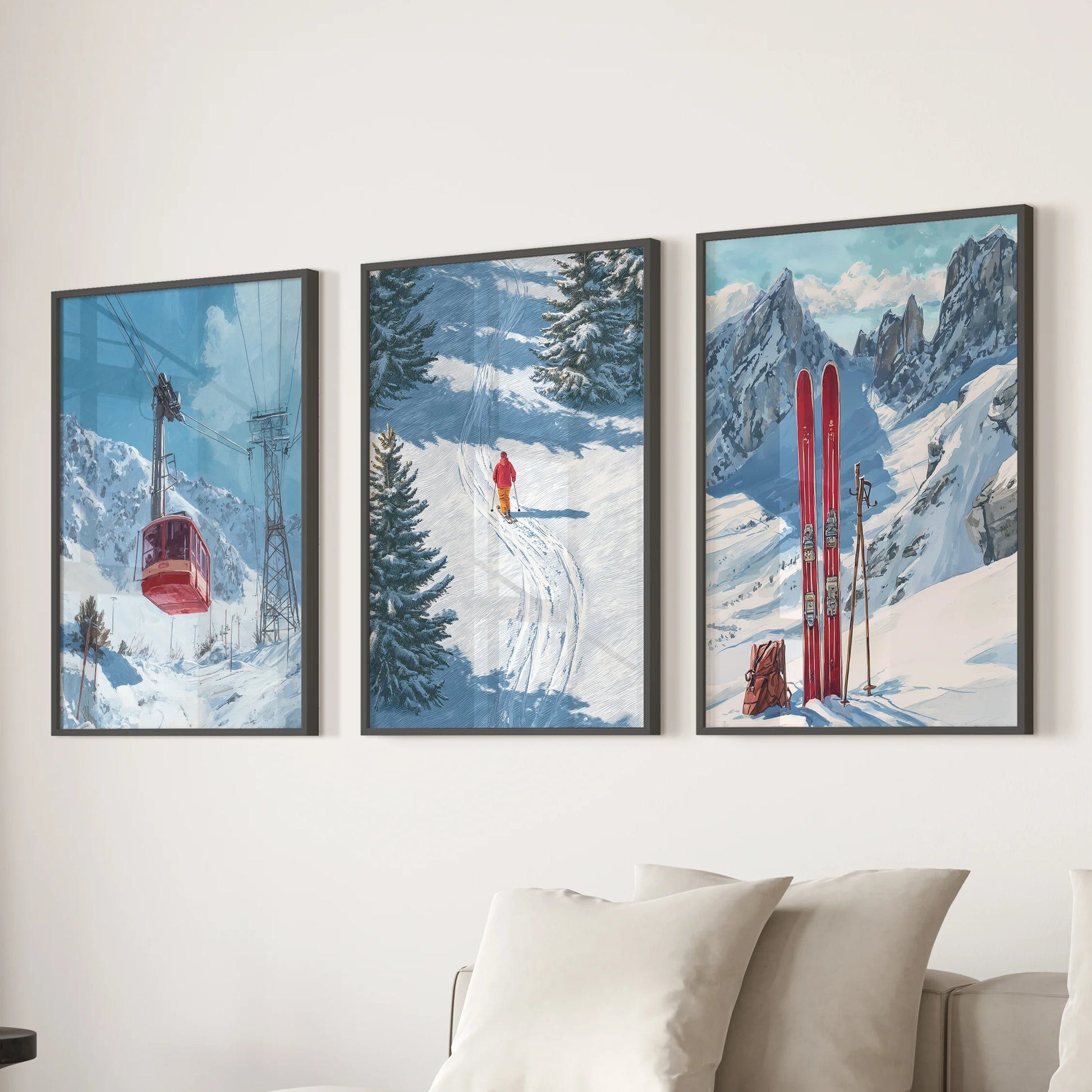 A three-piece black-framed wall art set shows a gondola over alpine slopes, adding soft lodge warmth above the family room couch.