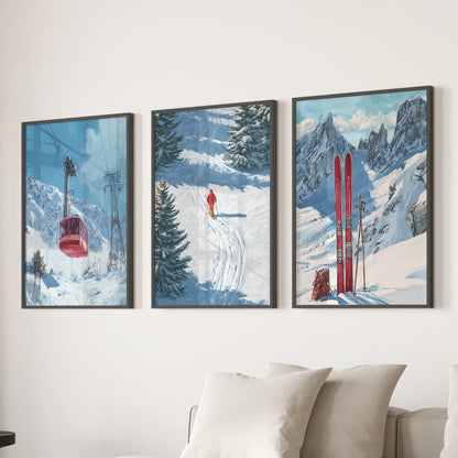 A three-piece black-framed wall art set shows a gondola over alpine slopes, adding soft lodge warmth above the family room couch.