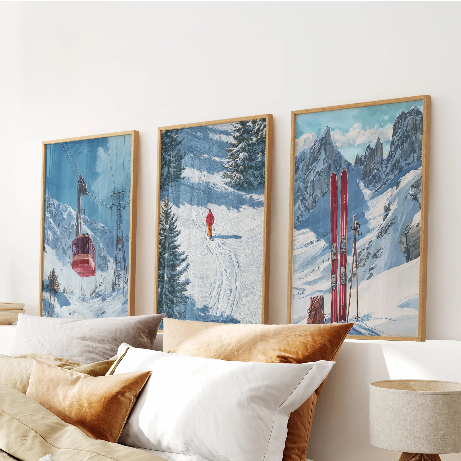 Three vintage ski lift posters in solid oak frames rest above the bed’s headboard, adding timeless slope-side warmth.