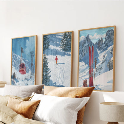 Three vintage ski lift posters in solid oak frames rest above the bed’s headboard, adding timeless slope-side warmth.
