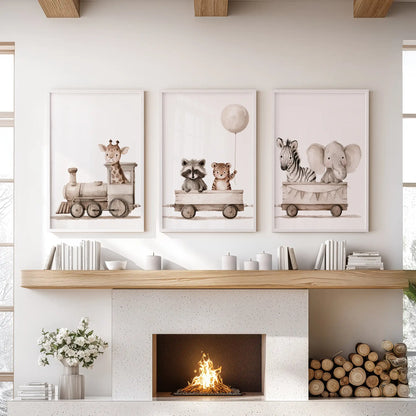 Three prints depict a giraffe driving a train with animal passengers, in white frames above a fireplace.