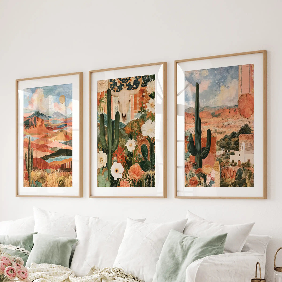 Three-piece saguaro cactus wall art spans the lounge above the sectional sofa, with wood matted frames around desert greens and sandy neutrals.