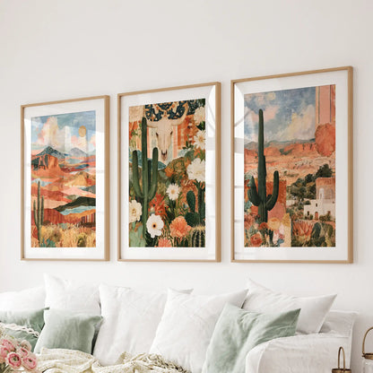 Three-piece saguaro cactus wall art spans the lounge above the sectional sofa, with wood matted frames around desert greens and sandy neutrals.