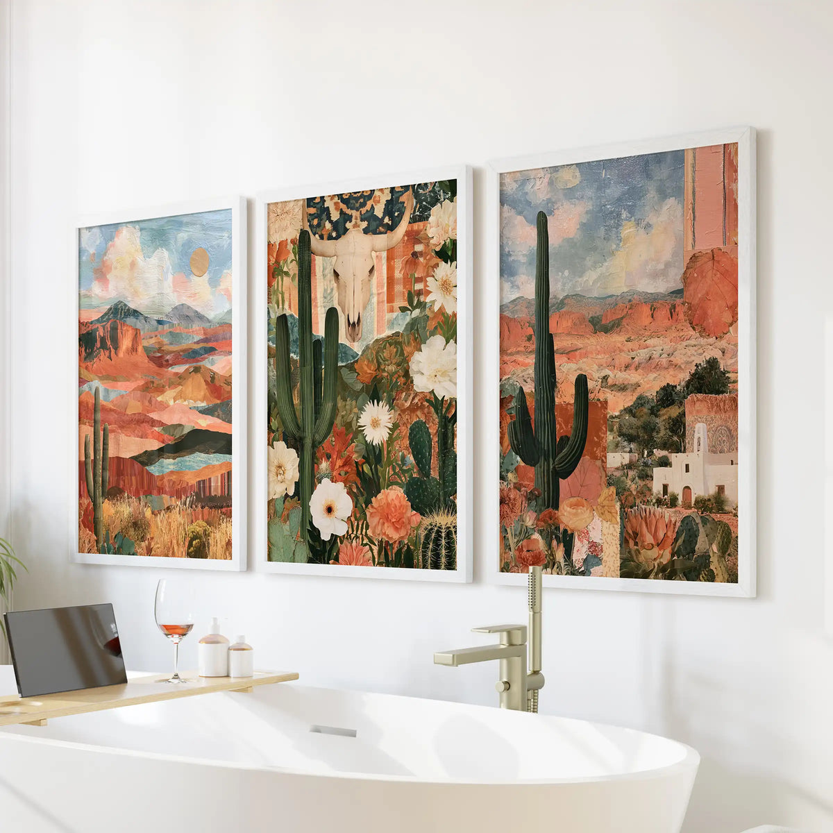 Southwestern scenery wall decor set of three freshens the bathroom, white framed over the tub wall with airy cactus vistas and pale desert skies.
