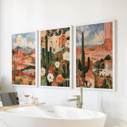 Southwestern scenery wall decor set of three freshens the bathroom, white framed over the tub wall with airy cactus vistas and pale desert skies.