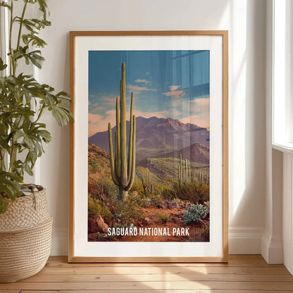 Saguaro National Park landscape statement wall art, in a black frame with mat, leans on the bedroom floor for a relaxed gallery look.