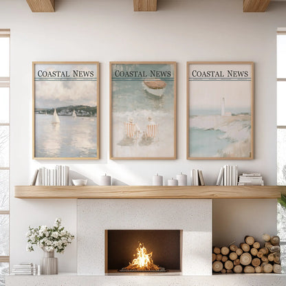 Three-piece marina wall art set in wood frames, displayed over a family room fireplace.