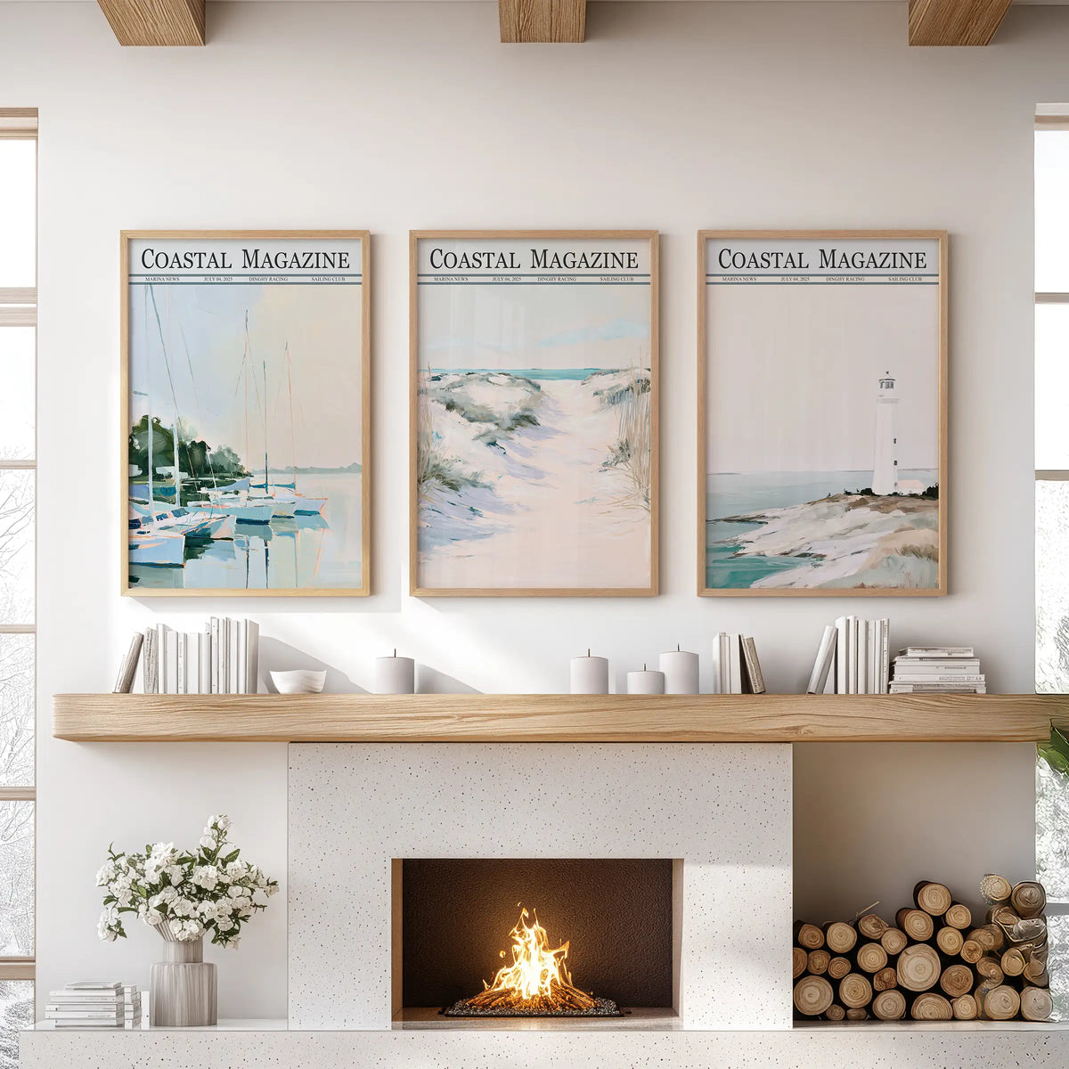 Sailboat marina set of 3 wall art prints in solid oak frames, hung above a living room fireplace mantel.