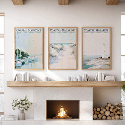 Sailboat marina set of 3 wall art prints in solid oak frames, hung above a living room fireplace mantel.