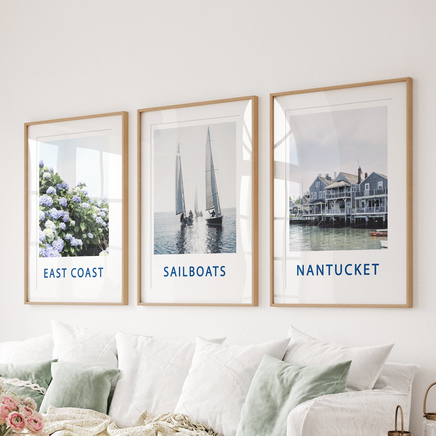 Nantucket Art Set of 3. Blue Hydrangeas, Classic Sailboats Prints